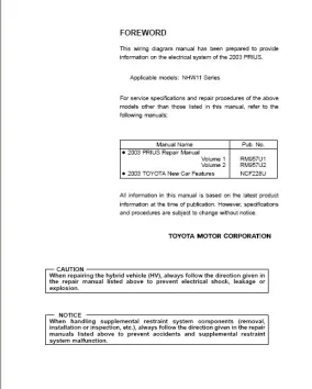 Toyota Prius NHW11 Series Wiring Diagram (2001-2003)